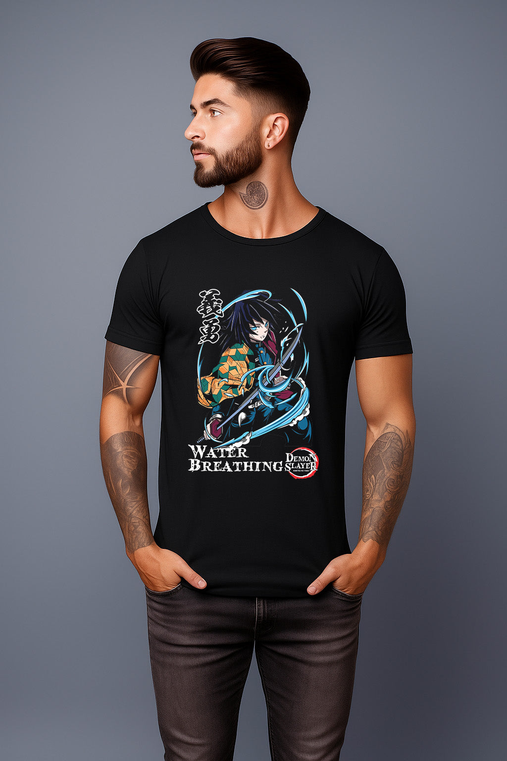 Man wearing a black t-shirt with a colorful graphic design on a gray background