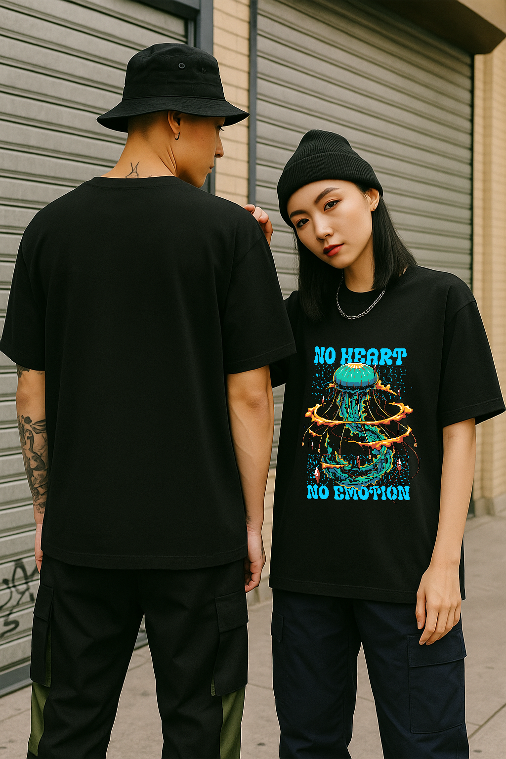 "No Heart No Emotion Jelly Fish" Oversized Graphic T-Shirt